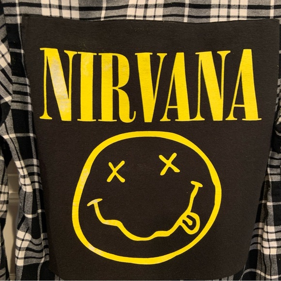 Custom made Nirvana graphic on Black and White Flannel Pearl Snap Shirt Sz S - Picture 3 of 7